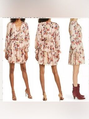 Joie Blush Floral Silk Tiered Long-Sleeve Mini Dress